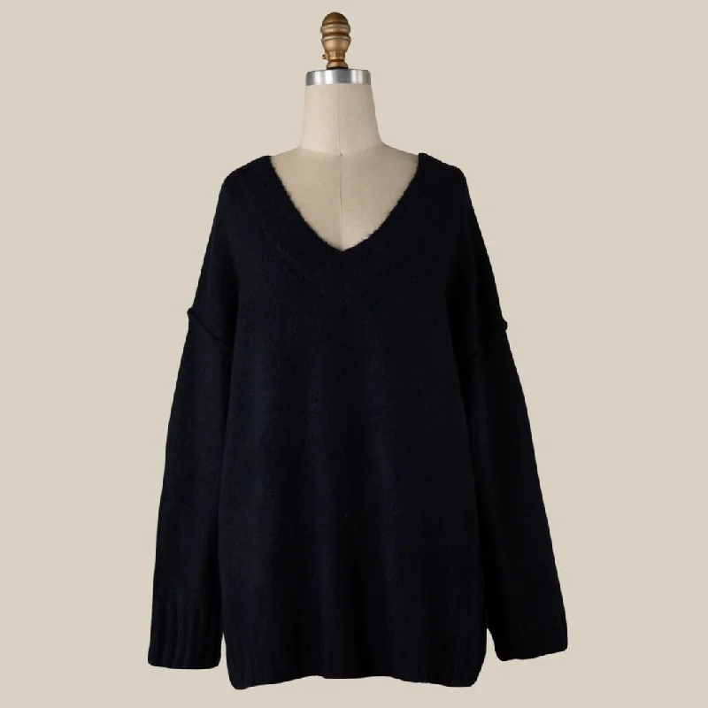 Long Sleeve V-Neck Fluffy Sweater Top (Navy)