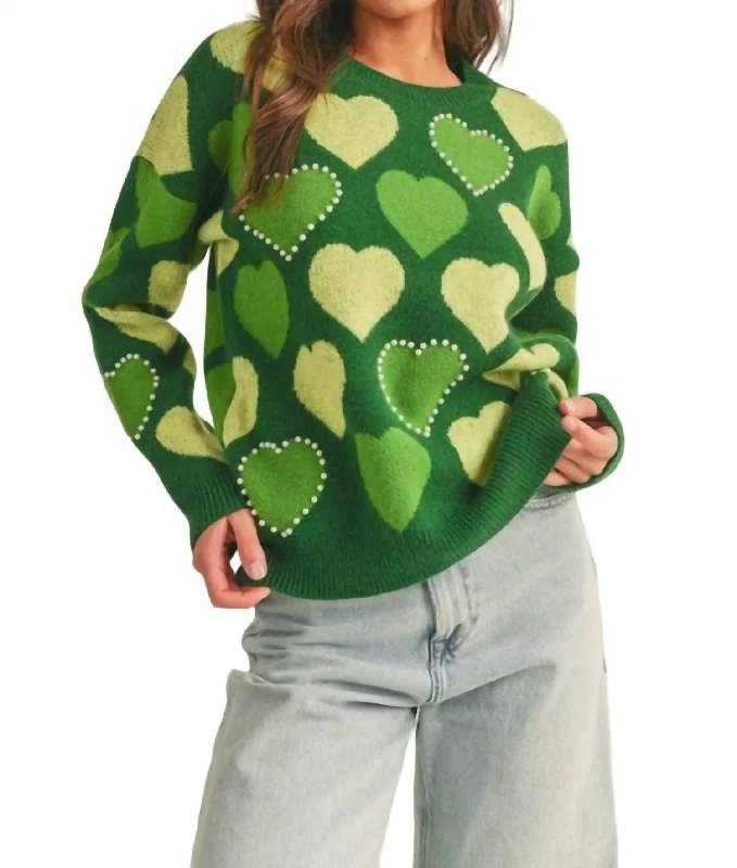 Pearl Embellished Heart Sweater In Green