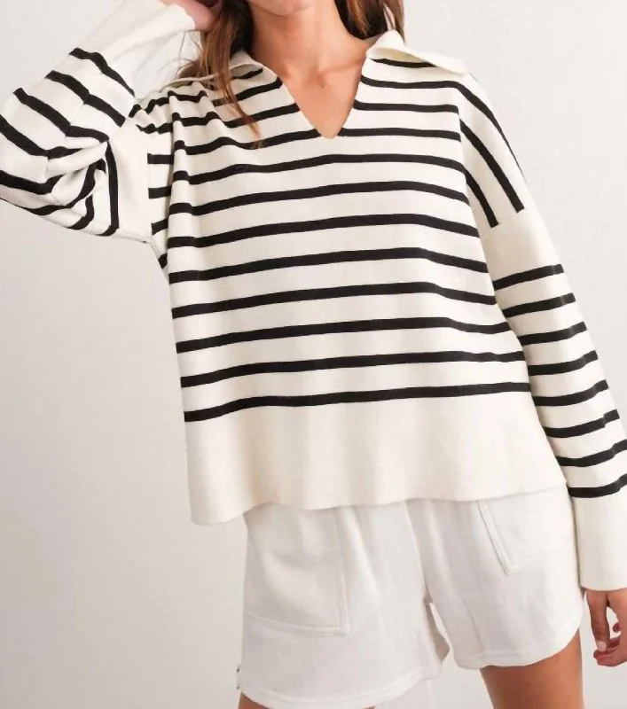 Striped V Neck Sweater In Black/white