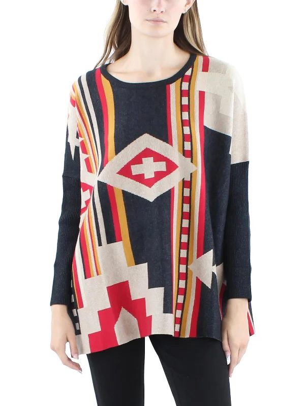 Womens Aztec Print Knit Poncho Sweater