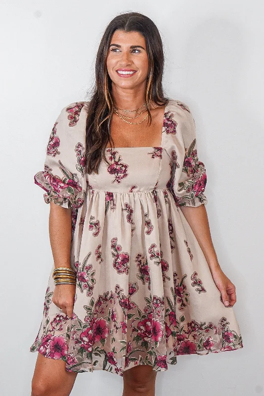 Floral Bouquet Beige Babydoll Dress