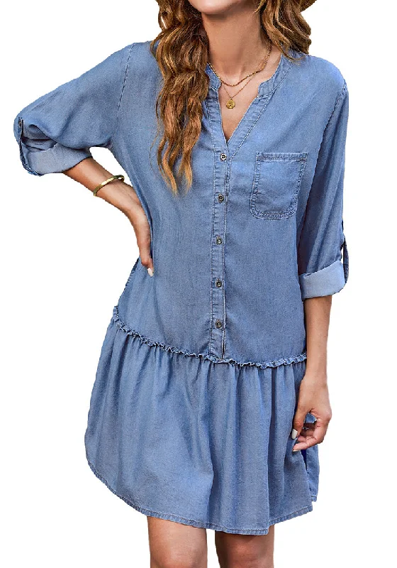 Blue Breeze Women's Brief Loose Denim Button Down Dress with Pockets