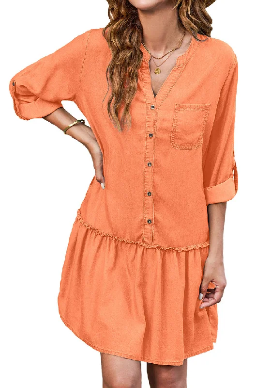 Orange Women's Brief Loose Denim Button Down Dress with Pockets