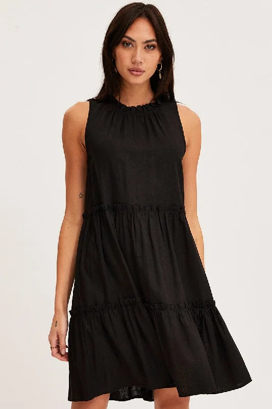 Black Mini Dress Sleeveless Round Neck