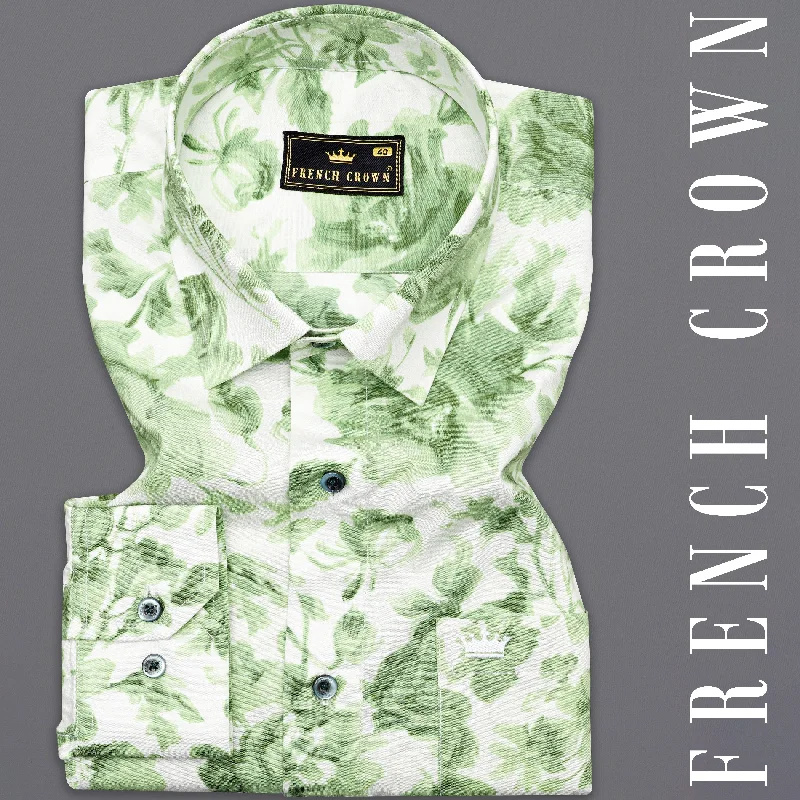 Bright White and Asparagus Green Floral Printed Premium Cotton Shirt