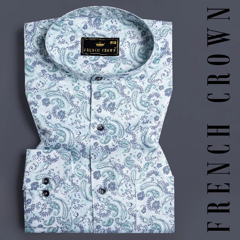 Bright White and Tradewind Green Paisley Printed Subtle Sheen Super Soft Premium Cotton Shirt