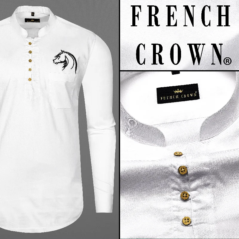 Bright White Subtle Sheen Horse Embroidered Super Soft Premium Cotton Kurta Shirt