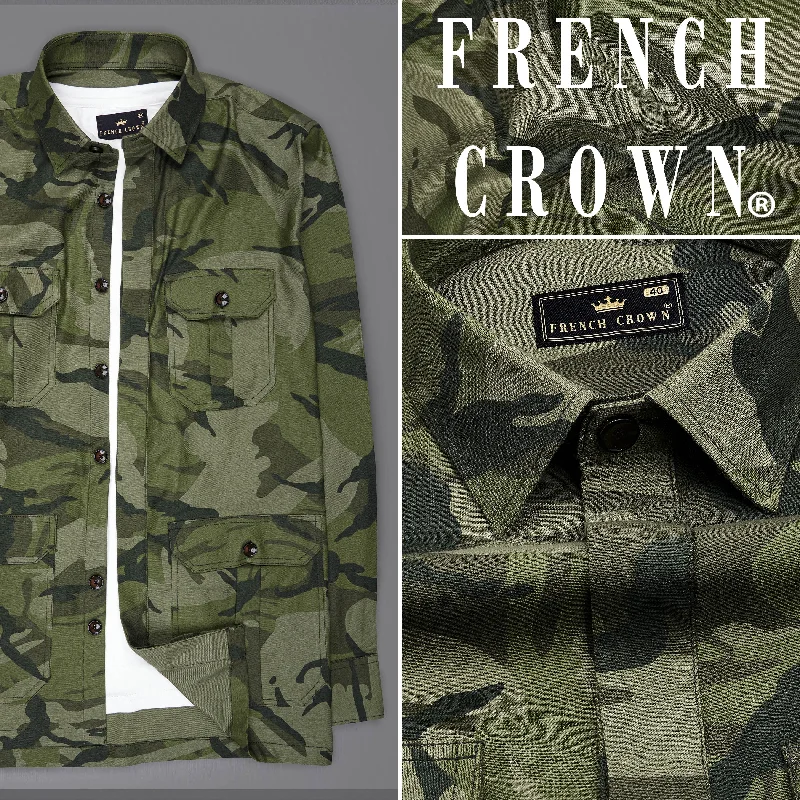 Finch Green with Taupe Brown Camouflage Printed Royal Oxford Designer Overshirt/Shacket