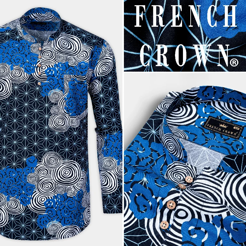 Jade Black And French Blue with Galactic Printed Premium Cotton Kurta Shirt