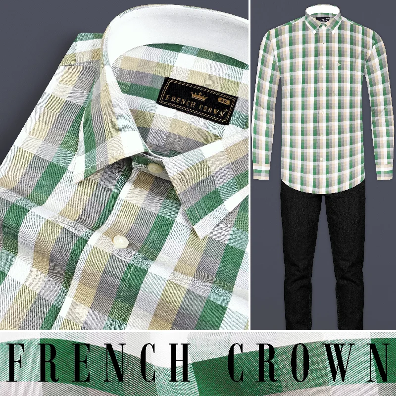 Janna Beige and Greenish Plaid Twill Textured Premium Cotton Shirt