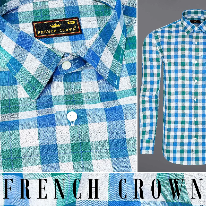 Mackerel Blue and Surfie Green Checkered Herringbone Premium Cotton Shirt