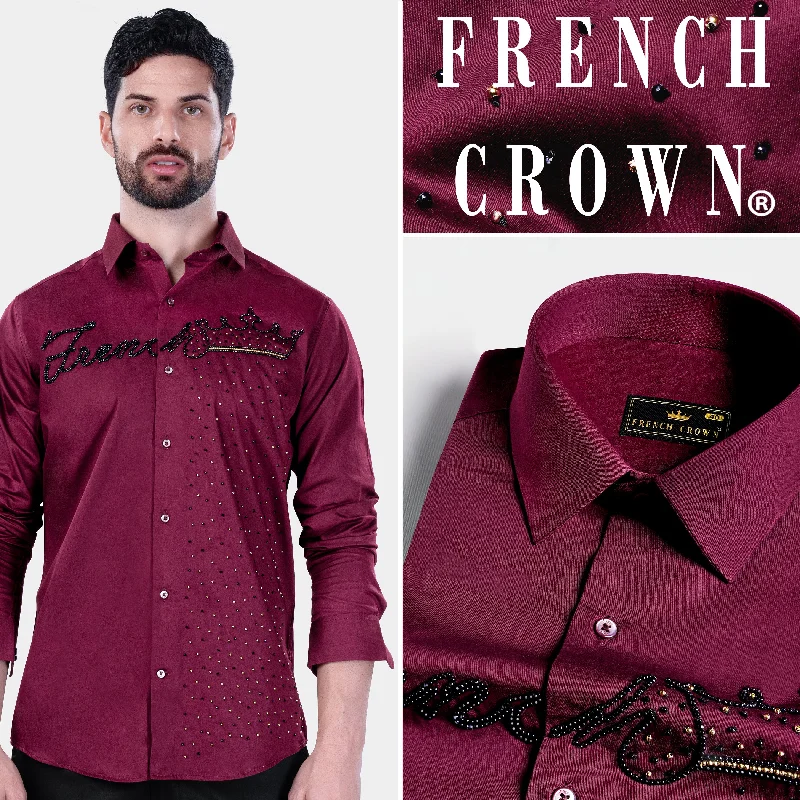 Mulberry Maroon French Crown Element Moti Work Subtle Sheen Super Soft Premium Cotton Designer Shirt