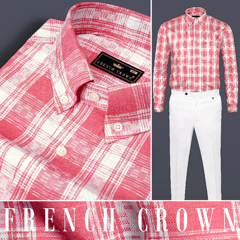 Rosy Pink and White Checks Plaid Dobby Textured Premium Giza Cotton Shirt