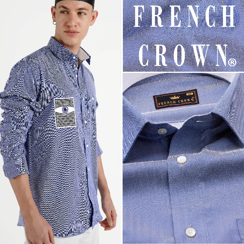 Wild Blue Yonder Subtle Striped with Evil Eye Embroidered Stretchable Herringbone Designer Shirt