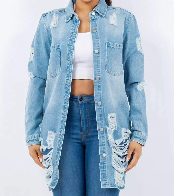 Distressed Button Up Long Sleeve Denim Jacket In Light Blue