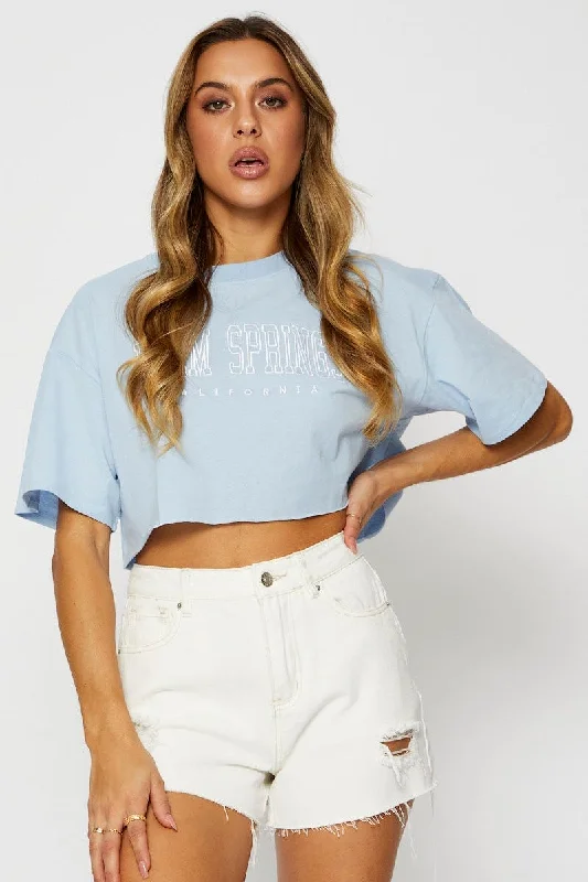 Blue Graphic T Shirt Short Sleeve Crop