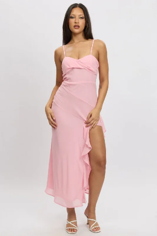 Pink Bodycon Dress Maxi Ruffle Slit Chiffon