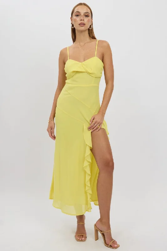 Yellow Bodycon Dress Maxi Ruffle Slit Chiffon