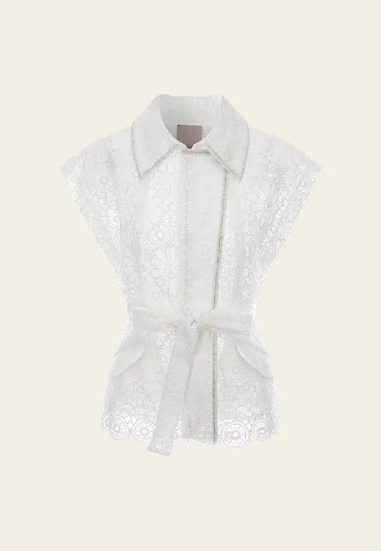 White Lace Cap Sleeves Tie-waist Vest