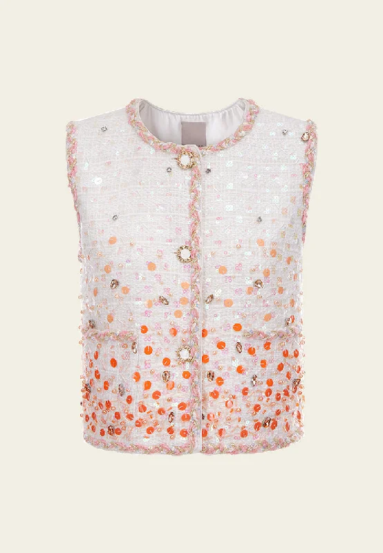 White Beaded Sequin Tweed Vest