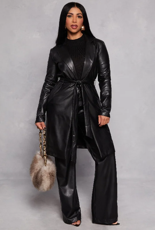 Faux Leather Wrap Coat