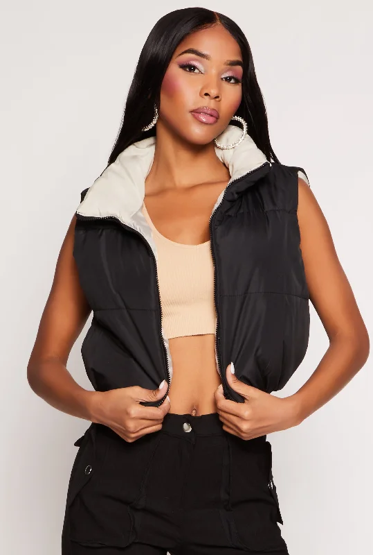 Nylon Contrast Puffer Cropped Vest