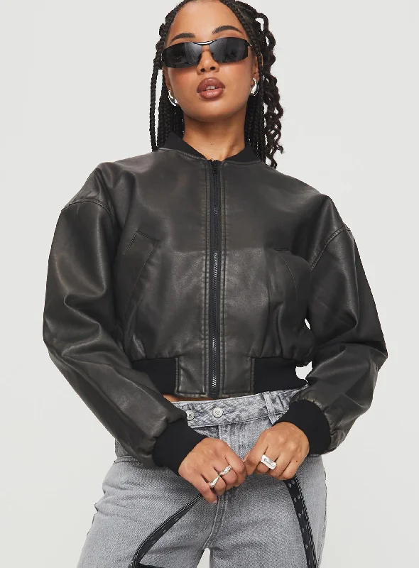 Flaxie Faux Leather Bomber Jacket Black