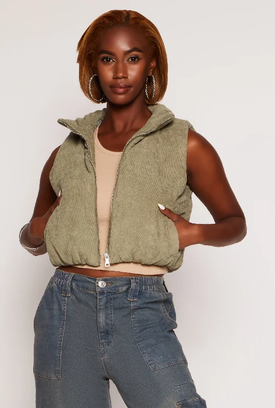 Corduroy Zip Front Cropped Puffer Vest