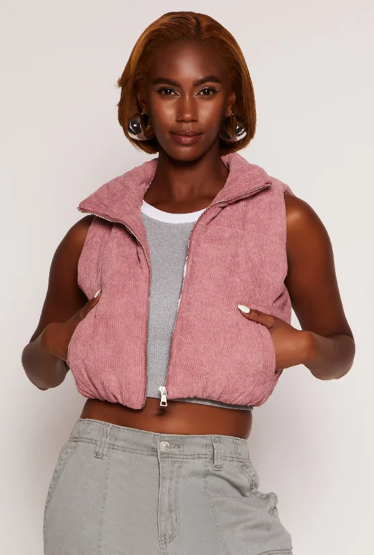 Corduroy Zip Front Cropped Puffer Vest